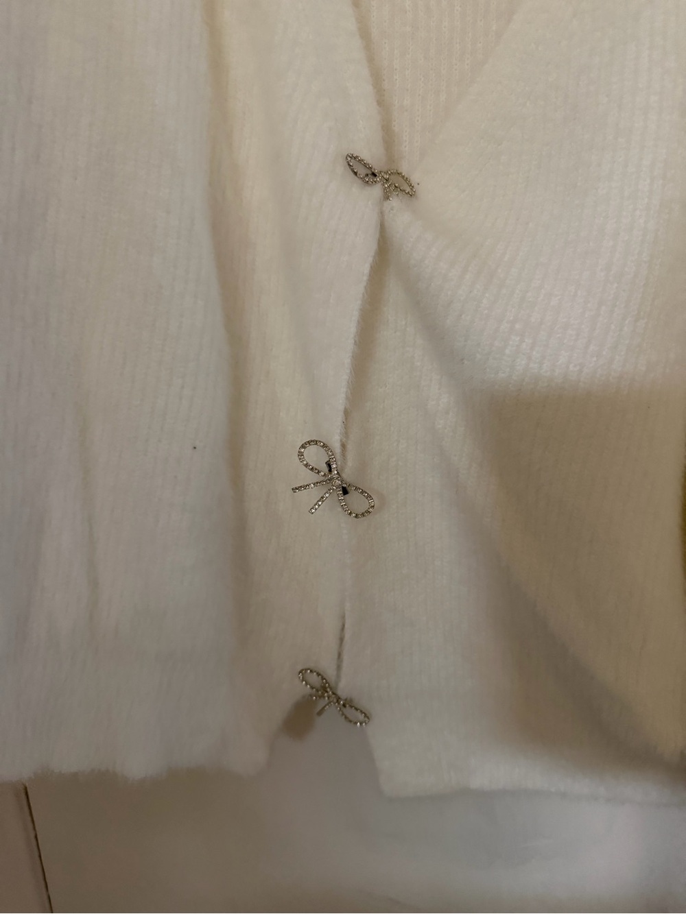 SHEIN Cream Knit Cardigan with Crystal Bow Buttons